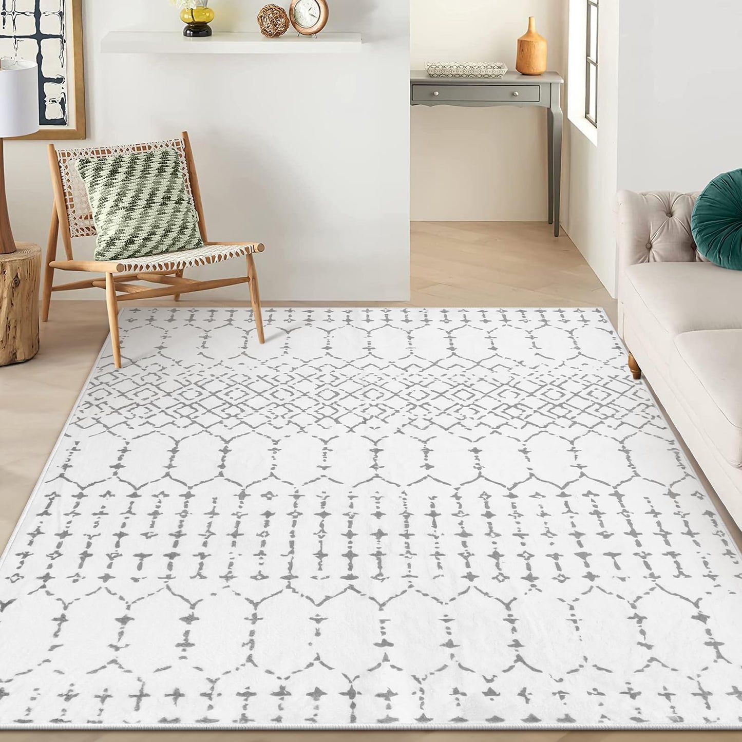 Lahome Moroccan Living Room Area Rug - Washable Rugs 4x6 Non-Slip Soft Throw Rugs for Bedroom White Lightweight Large Rug, Modern Geometric Print Low-Pile Capet for Classroom Office Dining Room Hana
