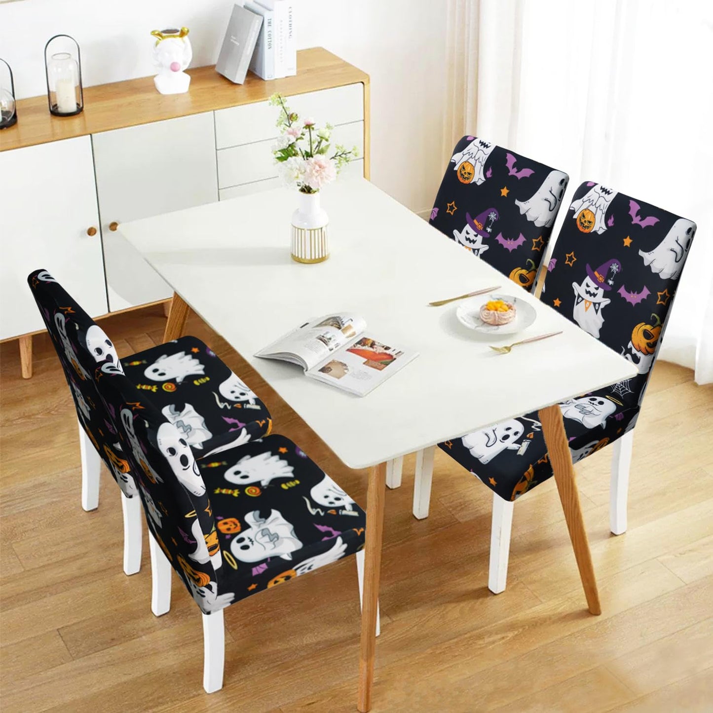 qwpmvhsak Halloween Chair Covers Set of 4, Cute Pumpkin Ghost Dining Chair Protectors, Black Elastic Removable Washable Dining Chair Covers, Suitable for Halloween Kitchen Restaurant Holiday Decor
