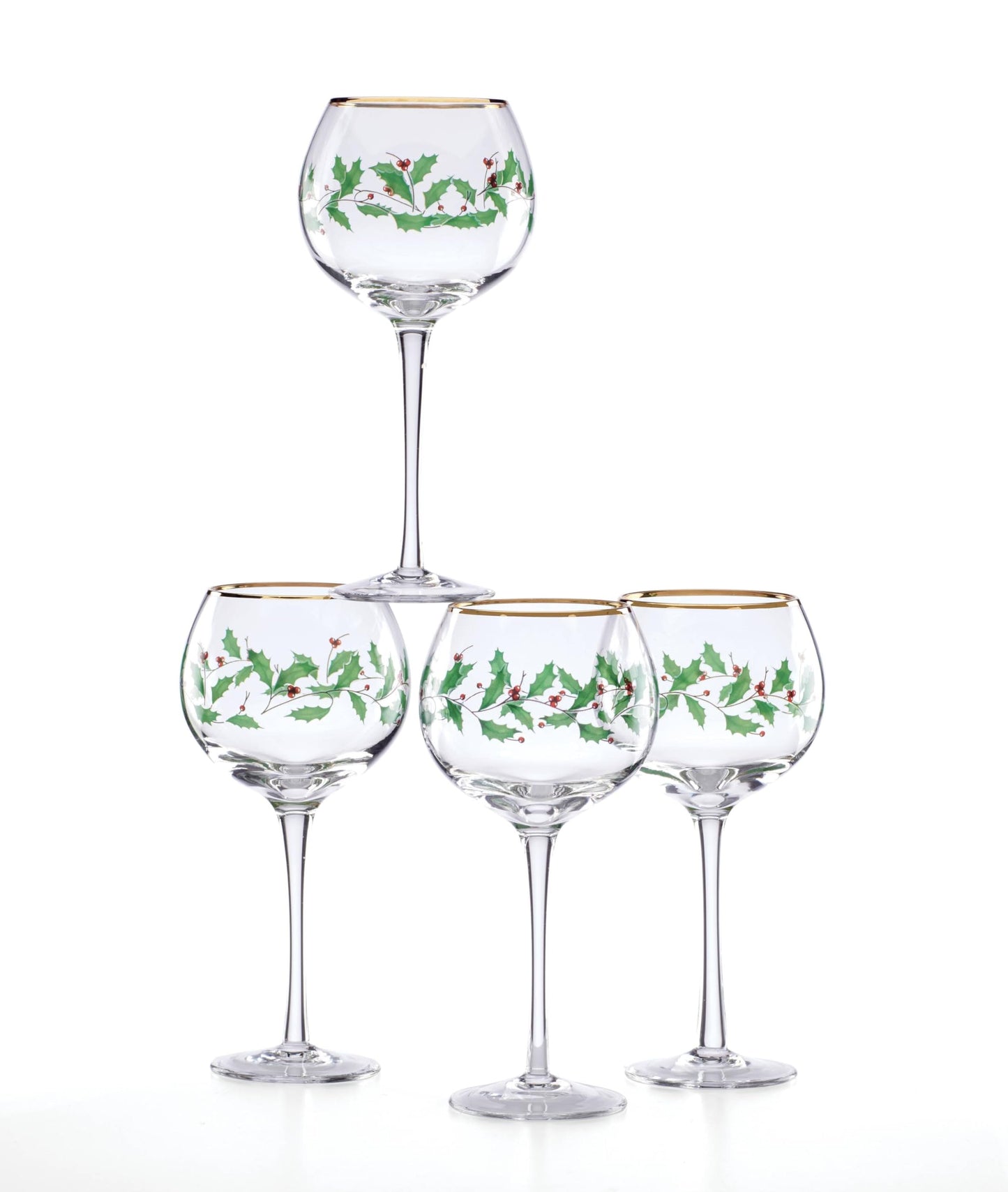 Lenox Drinkware, Holiday 4-Piece Wine Balloon Glass Set, Set Of 4, 16 Oz Capacity, Made From Glass, Festive Red Christmas Design, Hand Wash Only, Christmas Decorations, Winter Decor (4 Piece)