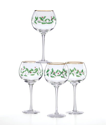 Lenox Drinkware, Holiday 4-Piece Wine Balloon Glass Set, Set Of 4, 16 Oz Capacity, Made From Glass, Festive Red Christmas Design, Hand Wash Only, Christmas Decorations, Winter Decor (4 Piece)