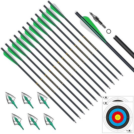 e5e10 Crossbow Bolts 20 Inch Carbon Crossbow Arrows Kit Included 12 pc Carbon Archery Arrows & 6 pc Hunting Broadheads & 2 pc Targets Paper Made Degradable Plastic for Hunting, Practice(Green)