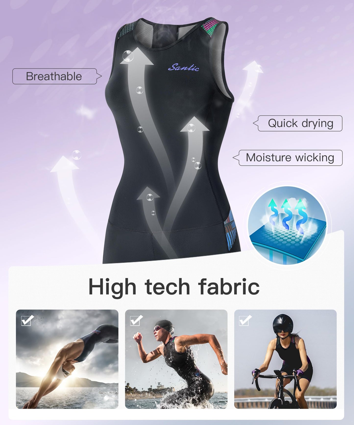 Santic Women's Triathlon Suit Tri-Suit with Padded One-Piece Sleeveless Swimsuit Quick-Dry Back Zipper （Black-Purple,M）
