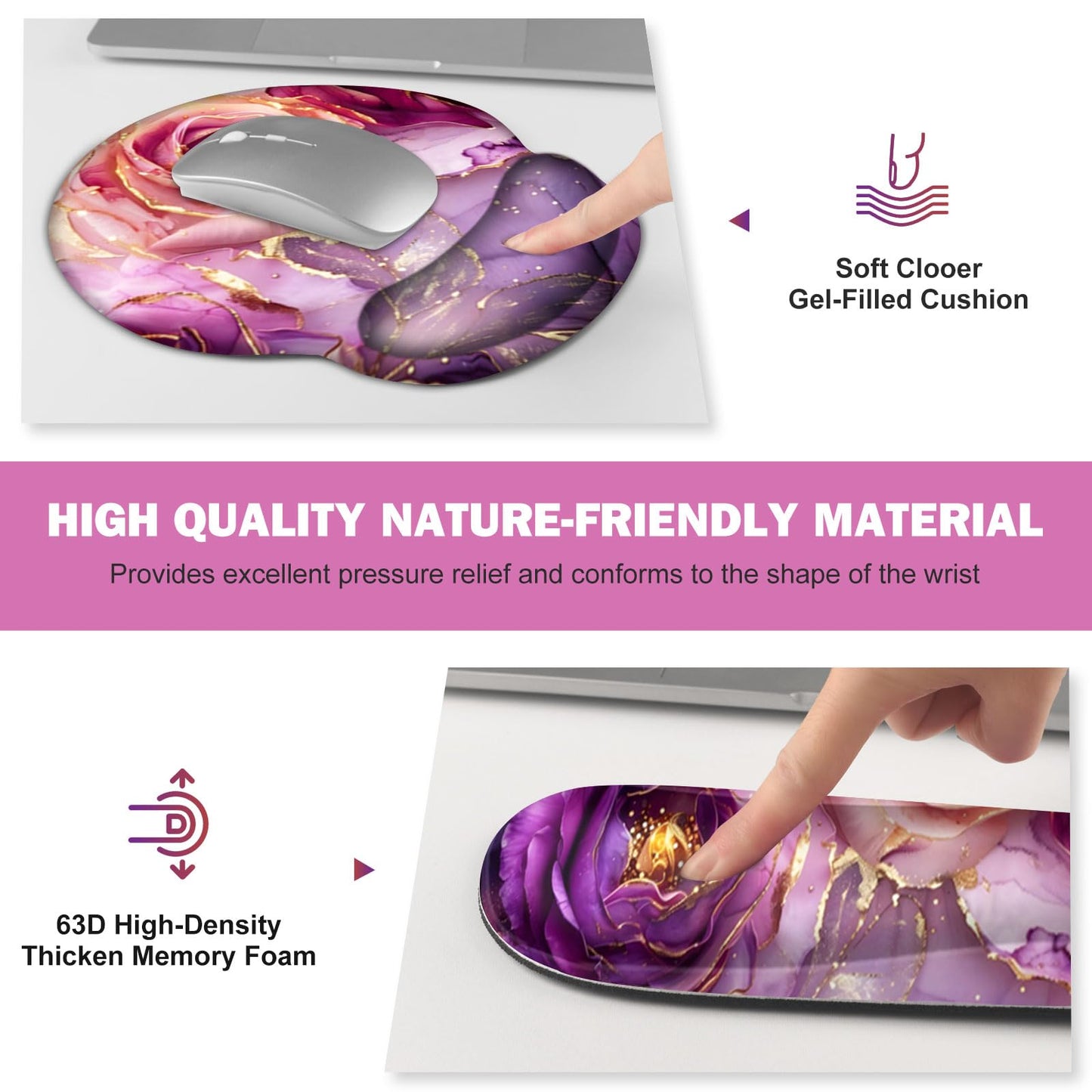 Gaming Mouse Pad, Large Desk Mat, Cute Desk Pad Protector, 4in1 XXL Mousepad + Keyboard Wrist Rest+Mouse Wrist Rest+Coaster Set with Ergonomic Desk Pad for Home Office PC, Marble Rose Purple Flowers