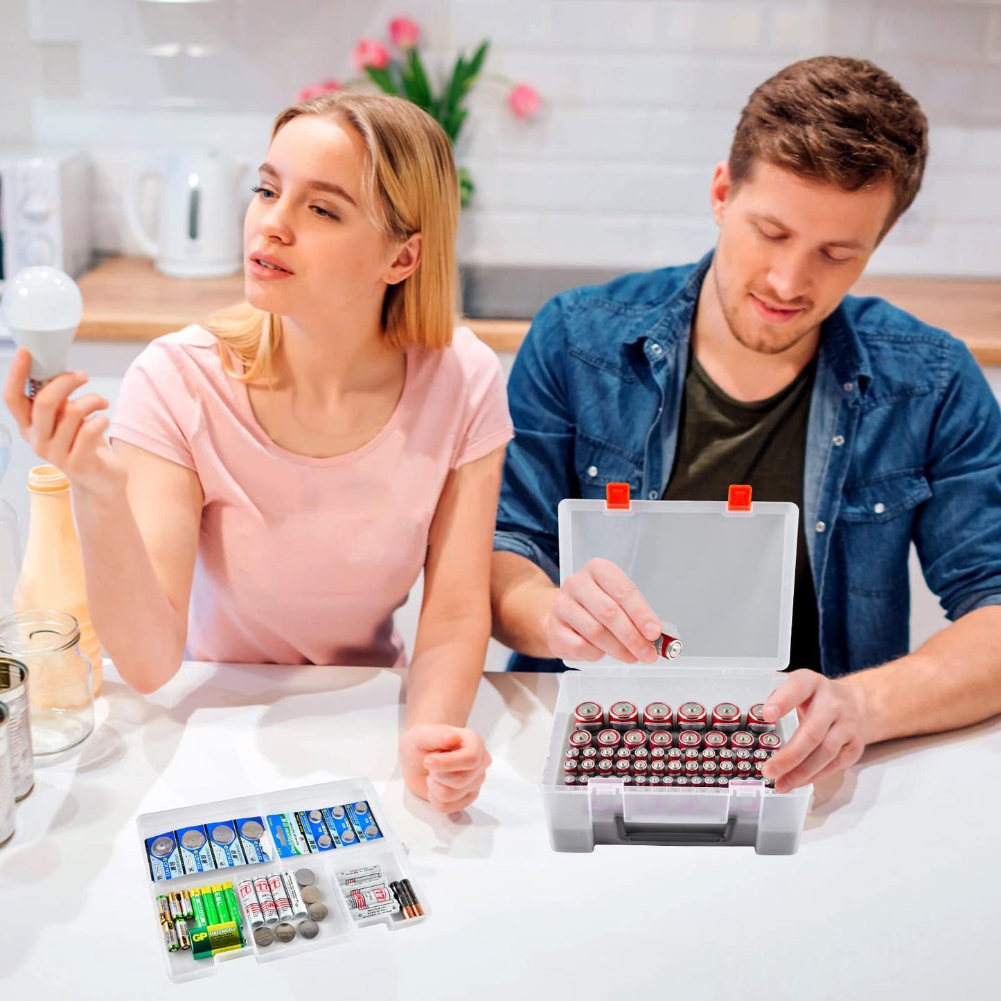 Battery Organizer Holder with Batteries Tester Checker, 120+ Storage Containers Box Case Fits for AA AAA 9V C D Lithium 3V LR44 CR2016 CR1632 CR2032 CR2025 (Batteries Not Includes) -Transparent