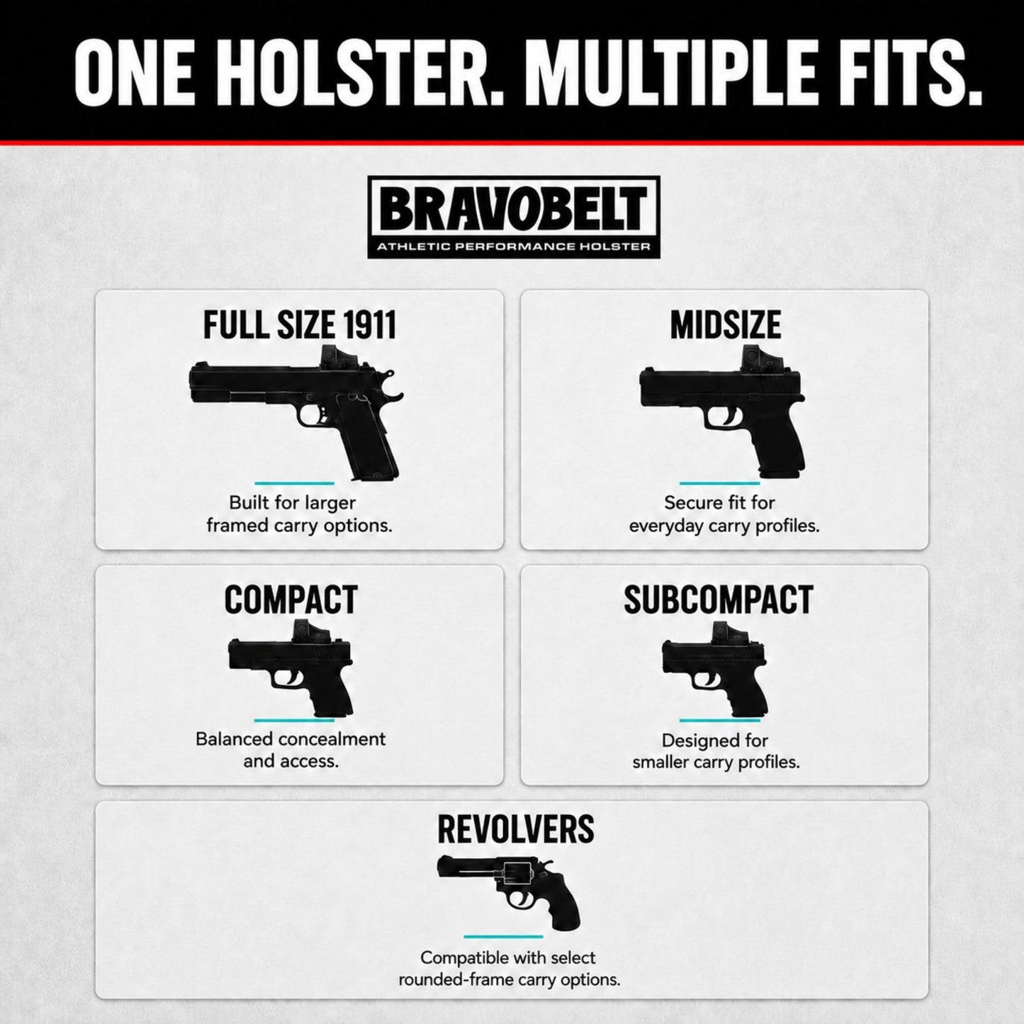 BRAVOBELT Belly Band Holster - Athletic Flex FIT for Running, Jogging, Hiking - G17-43 S&W M&P 40 Shield Bodyguard Kimber (Up to 44" Belly, Black)