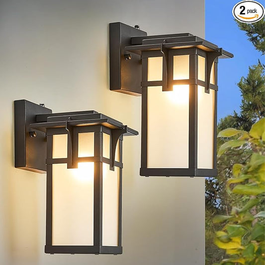 2 Pack Porch Lights Wall Mount Outdoor Wall Lantern Small Waterproof Aluminum with Frosted Glass Exterior Light Fixtures Asian Outdoor Sconces for Outside House Patio Garage Lighting, Black