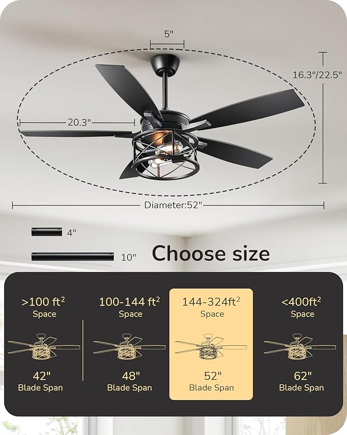 EDISHINE 52" Black Farmhouse Ceiling Fans With Lights, Remote Control, Dimmable, Reversible DC Motor, 5 Wooden Blades Rustic Indoor/Outdoor Ceiling Fan for Living Room Bedroom Porch