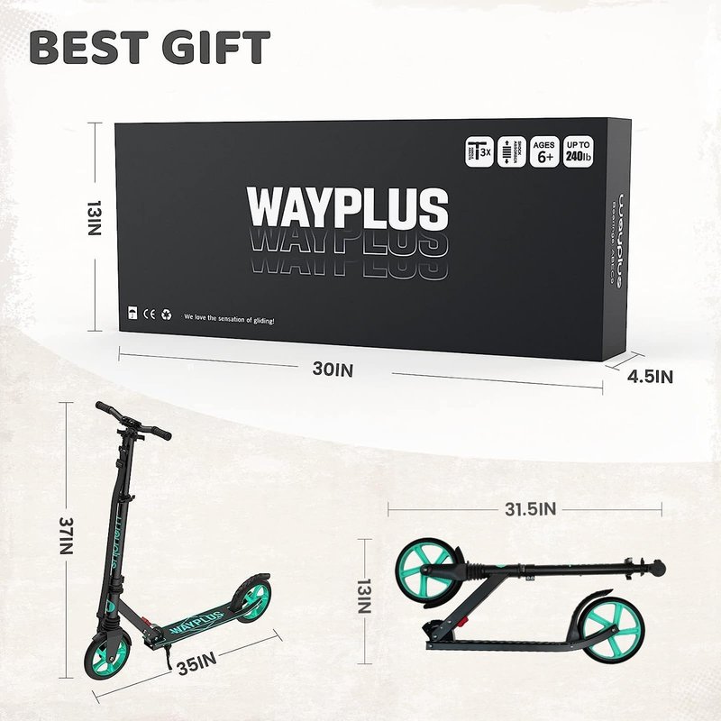WAYPLUS KS1 Kick Scooter for Ages 6+,Kid, Teens & Adults. Max Load 240 LBS. Foldable, Lightweight, 8IN Big Wheels for Kids, Teen and Adults, 4 Adjustable Levels. Bearing ABEC9 FED Fitness