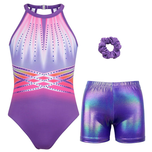 JOYSTREAM Gymnastics Leotards for Girls With Shorts Sparkly Ballet Dance Clasp Back Activewear Indigo-blue Diamond,6-7Years