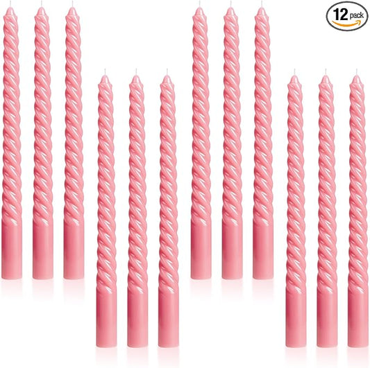 Tobeape Pink Twisted Taper Candles Set of 12, 10 Inch Tall Unscented Dripless, Smokeless Spiral Tapered Candlestick for Wedding Home Décor Dinner Birthday Party Valentine's Day - 8 Hour Long Burning