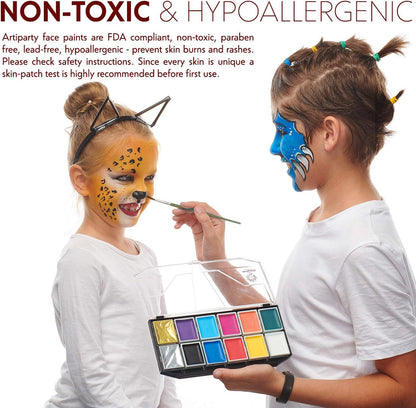 Face Paint Kit - Dermatologically Tested, Non-Toxic & Hypoallergenic - Professional Painting for Kids & Adults - Cosplay Makeup - Easy to Apply & Remove - Leakproof Dry Glitters