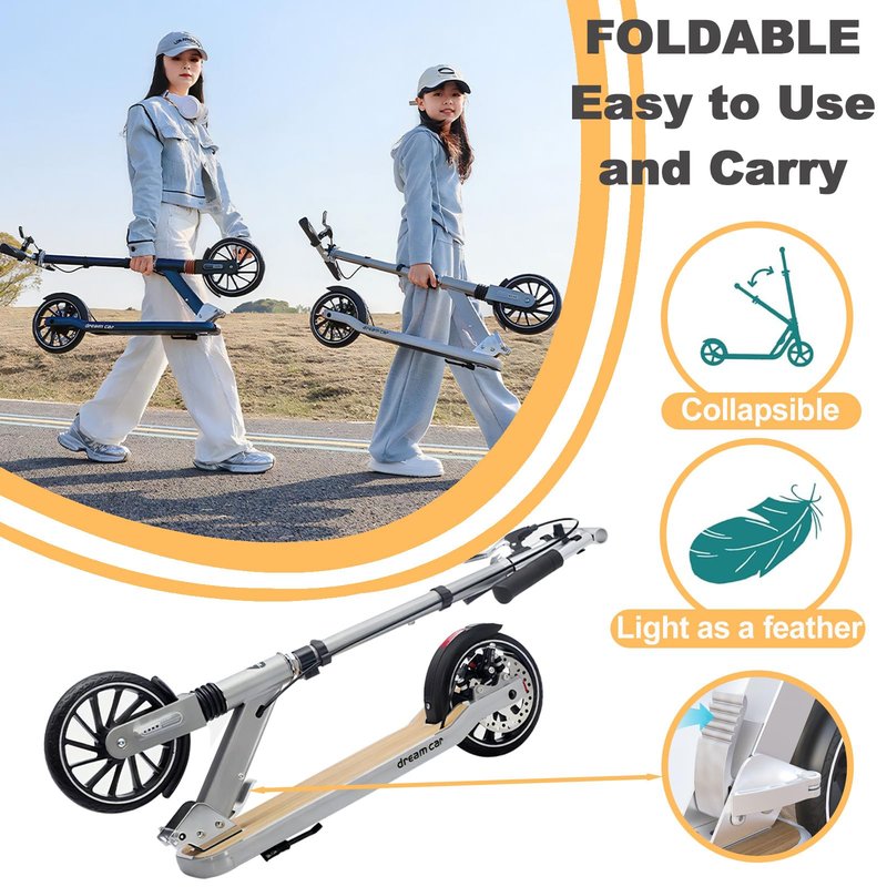 CUIOT Scooter for Kids 8-12, Teens and Adults, Folding Kick Scooter with Adjustable Height, 8IN Big Wheels Scooters W/Anti-Shock Suspension, Up to 300 Lbs, Bearing ABEC9 (Silver)