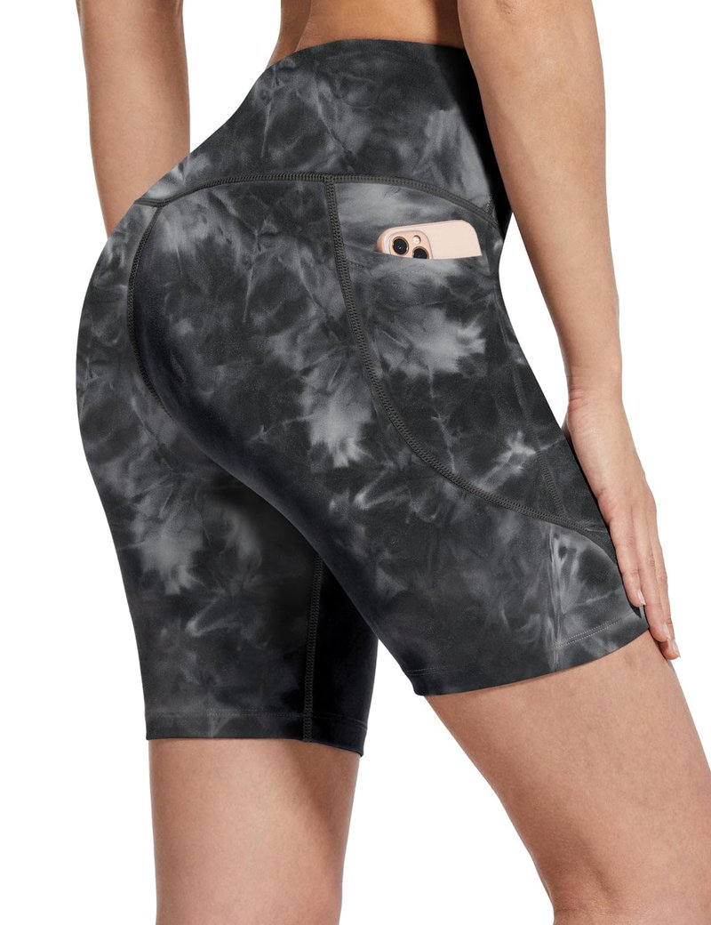 baleaf Biker Shorts Women Yoga Gym Workout Spandex Running Volleyball Tummy Control Compression with Pockets Soft 7" Tie Dye Black M