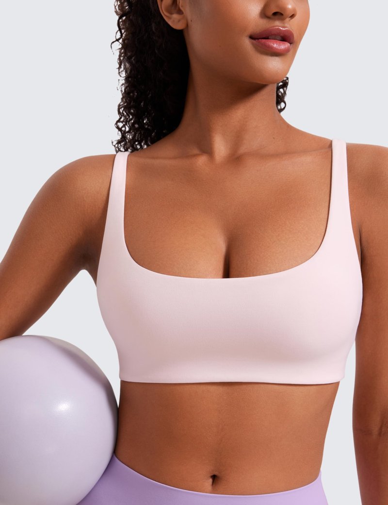 CRZ YOGA Butterluxe Square Neck Spaghetti Strap Sports Bras for Women - Low Coverage Yoga Wireless Padded Cami Crop Top Strawberry Pink Medium