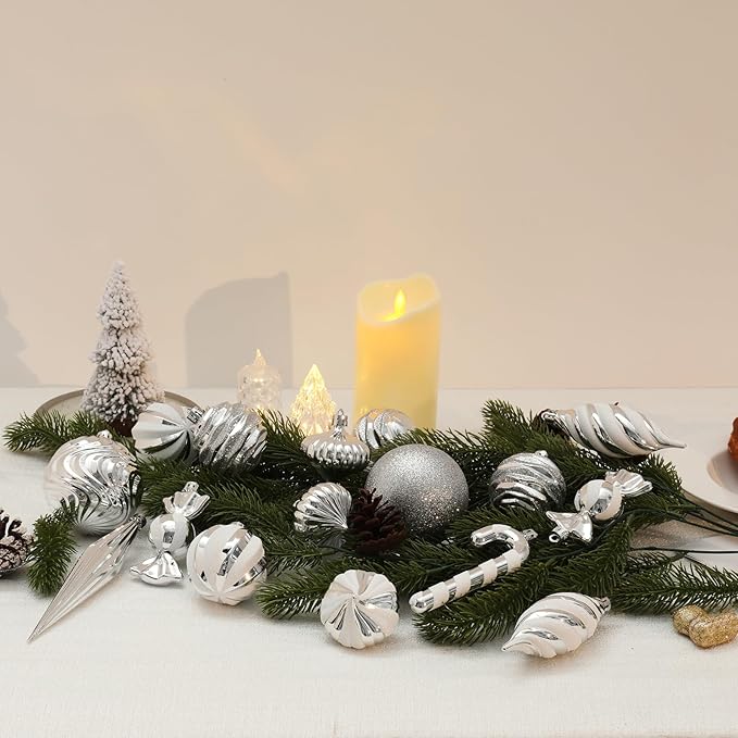 Christmas Ball Ornaments Set Shatterproof Christmas Tree Ornaments 24 PCS Painted Shaped Styles Xmas Tree for Holiday Decor,Silver
