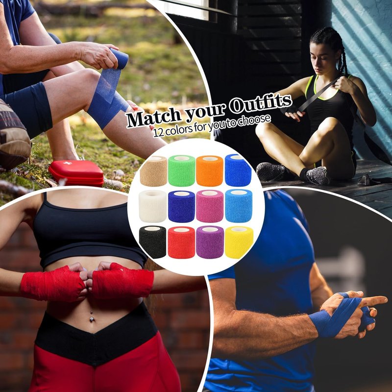 Self-Adhesive Bandage Wraps - 6 Pack | 2 Inch, 5 Yard, 12 Color Options for Sports & Swelling Relief