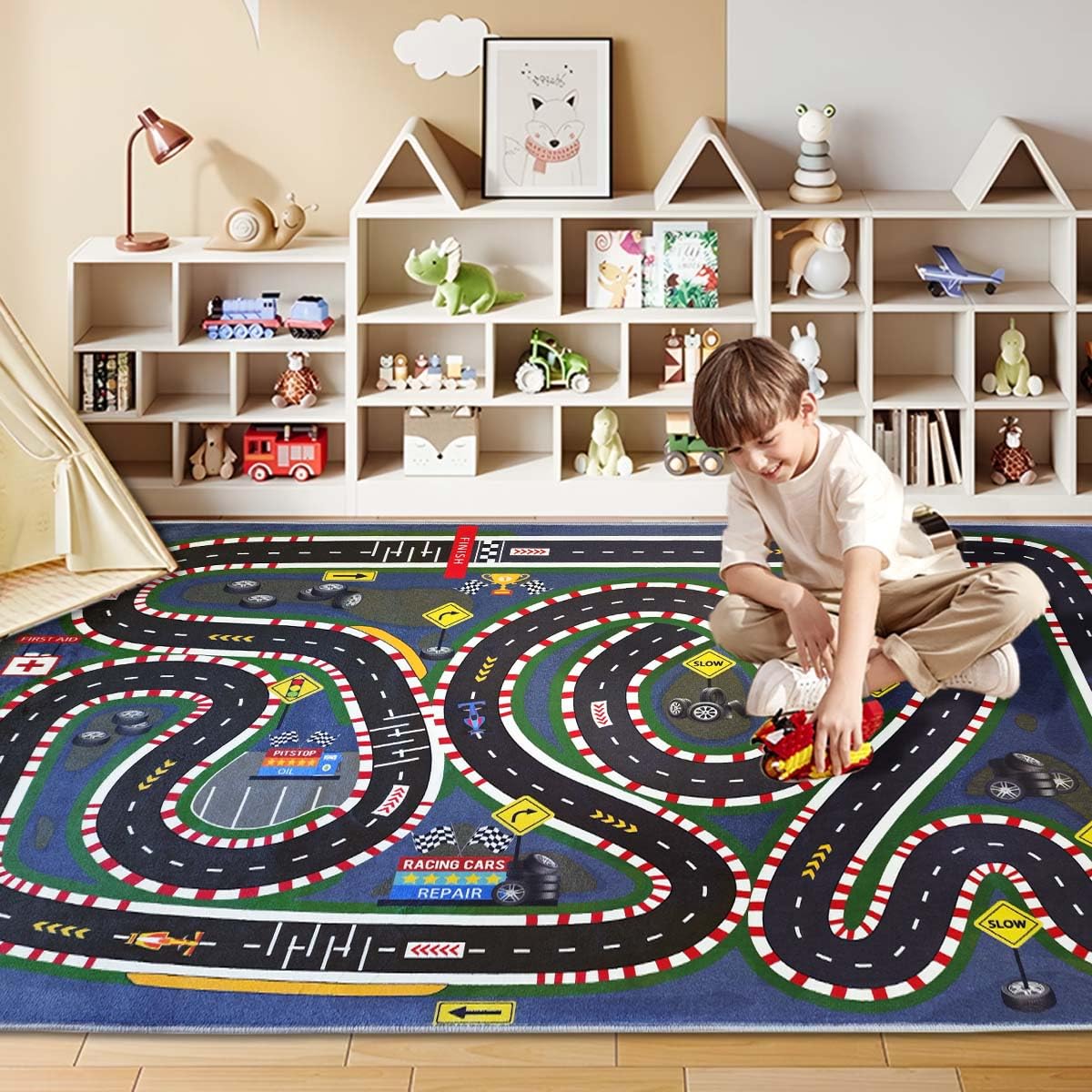 JUFORHQC Kids Rug,Children's Room Rug,Road Race Play Rugs, Rail City Living Rugs, Washable Non-Slip Play Mats. (Dark Blue, 47x71in)