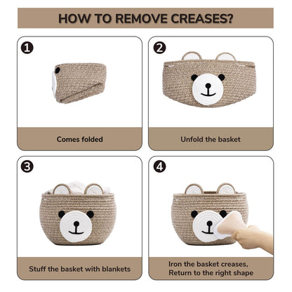 CherryNow Baby Basket for Nursery, Bear Gift Baskets for Kids, Baby Shower Basket with Handles, Small Cute Animal Baskets, Light Brown, 10.5"D x 8.5"H