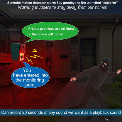 SENKEFEI SS Solar Outdoor Motion Sensor Alarm - Dog Barking & Gunshot Sound 130db Motion Detector Alarm Light,with Remote Controller for Home, Villa,Yard,Chicken coop,Farm,Barn, ZFD-11N-01, Green&red