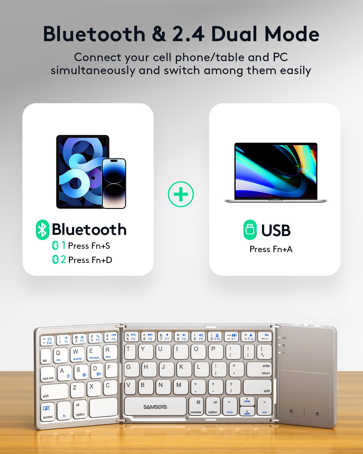 Samsers Foldable Bluetooth Keyboard with Touchpad - Portable Wireless Keyboard with Holder, Rechargeable Full Size Ultra Slim Pocket Folding Keyboards for Android Windows iOS Tablet & Laptop - Black