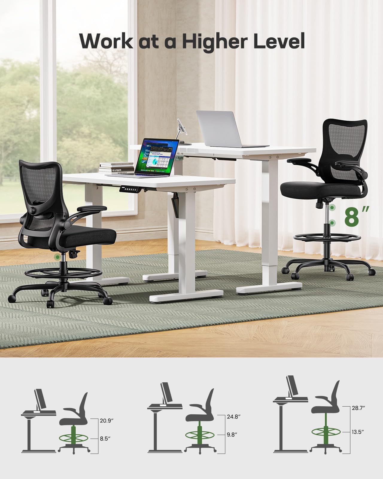 Marsail Drafting Chair, Tall Office Chair with 2D Lumbar Support, Standing Desk Chair,High Office Chair with Padded Flip-Up Armrests & Adjustable Footrest Ring, Dark