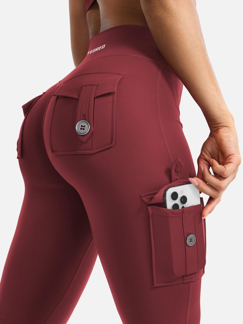 YEOREO CoreFlex Women Workout Flare Leggings with Pockets Hidden Scrunch High Waisted Cargo Gym Yoga No Front Seam Leggings Anchor Red L
