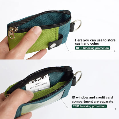 CHENSPRX Minimalist RFID Blocking Small Wallet with ID Window,WaterResistant Zip Id Case Wallet with Lanyard Keychain for Cards,Cash,Travel,Women,Men (GreenOnion+DarkGreen)