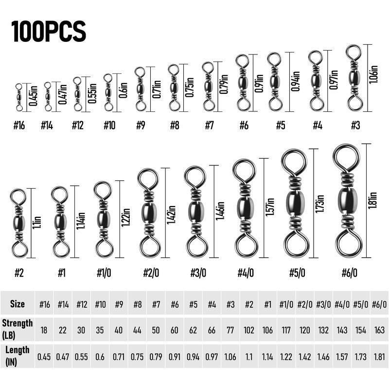 Alwonder 100PCS Fishing Barrel Swivels, High Strength Stainless Solid Ring Brass Barrel Swivel with Black Nickel Coating, Rolling Fishing Swivels Tackle Line Connector Saltwater Freshwater 62LB