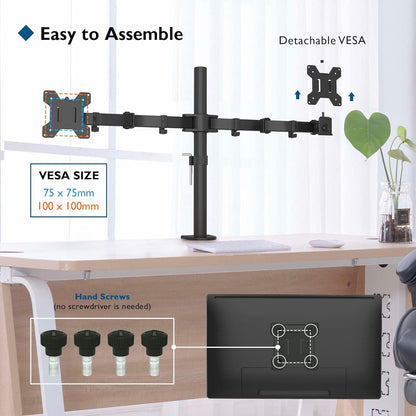 BONTEC Dual Monitor Desk Mount, Full Motion Adjustable Monitor Stand for 13–27 Inch Screens, Heavy Duty Arms Hold Up to 22 lbs Each, VESA 75x75/100x100 mm, C Clamp and Grommet Base, Cable Management