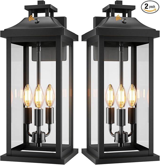 20" Large Dusk to Dawn Outdoor Lights 3-Light, 2 Pack Black Modern Exterior Lighting Fixtures Photocell Sensor Outside Porch Lights Wall Mount, Waterproof Patio Exterior Sconce Lamps E12