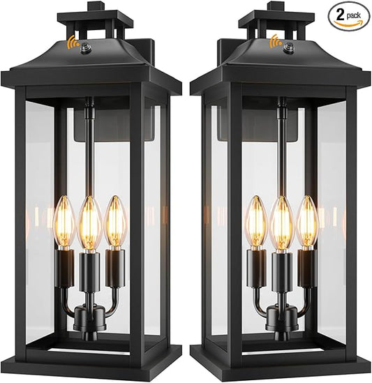 20" Large Dusk to Dawn Outdoor Lights 3-Light, 2 Pack Black Modern Exterior Lighting Fixtures Photocell Sensor Outside Porch Lights Wall Mount, Waterproof Patio Exterior Sconce Lamps E12
