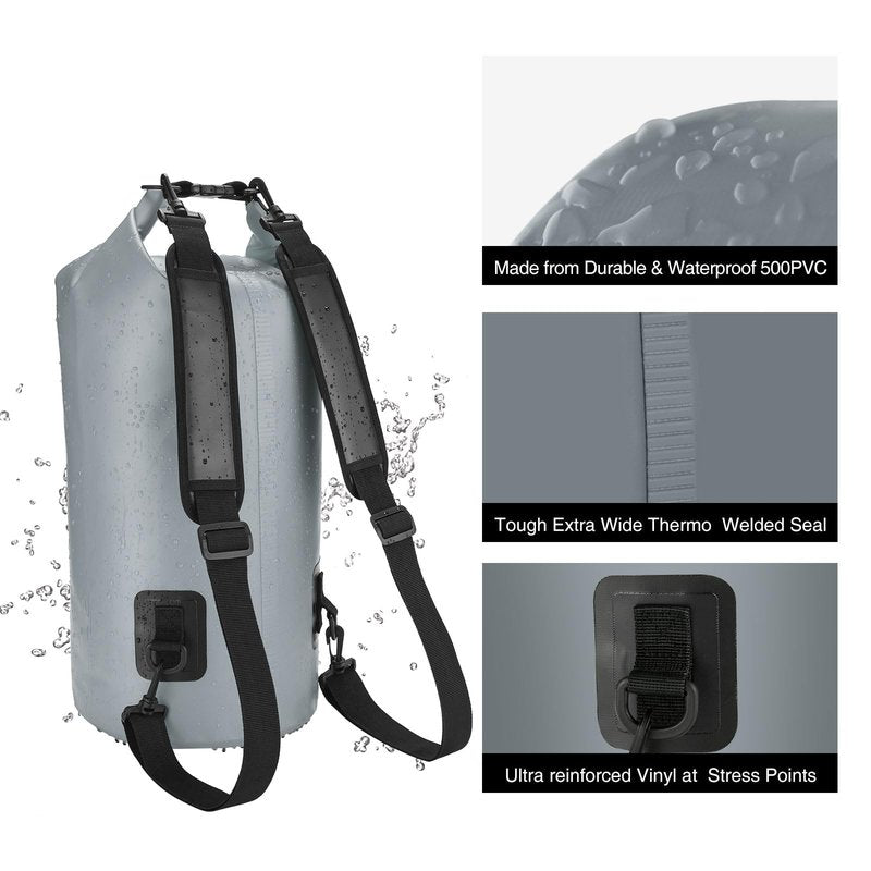 Piscifun Dry Bag, Waterproof Floating Backpack 10L with Waterproof Phone Case for Boating, Kayaking, Fishing, Grey 10L