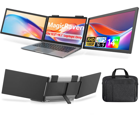 MAGICRAVEN Dual Laptop Screen Extender with Bag, 14" 1080P Portable Monitor, Type-C (No HDMI) Plug and Play for 13.3" - 16.1" Laptops, Attachment Display for Windows/MacOS/Chrome Laptop Phone