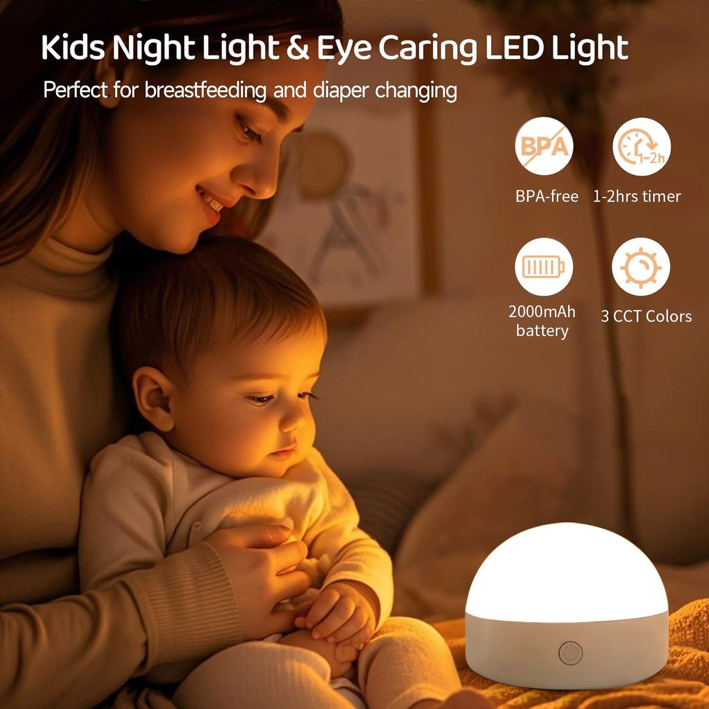 BLUEYE Night Light,BPA Free,Remote Control,3CCT Colors,2000mAh Battery,Manual Button,No Flicker for Kids,Baby,Nursery,Small Portable Lamp,3 Timer,Dimmer,E26 Rechargeable Light Bulb for Non-Hardwired