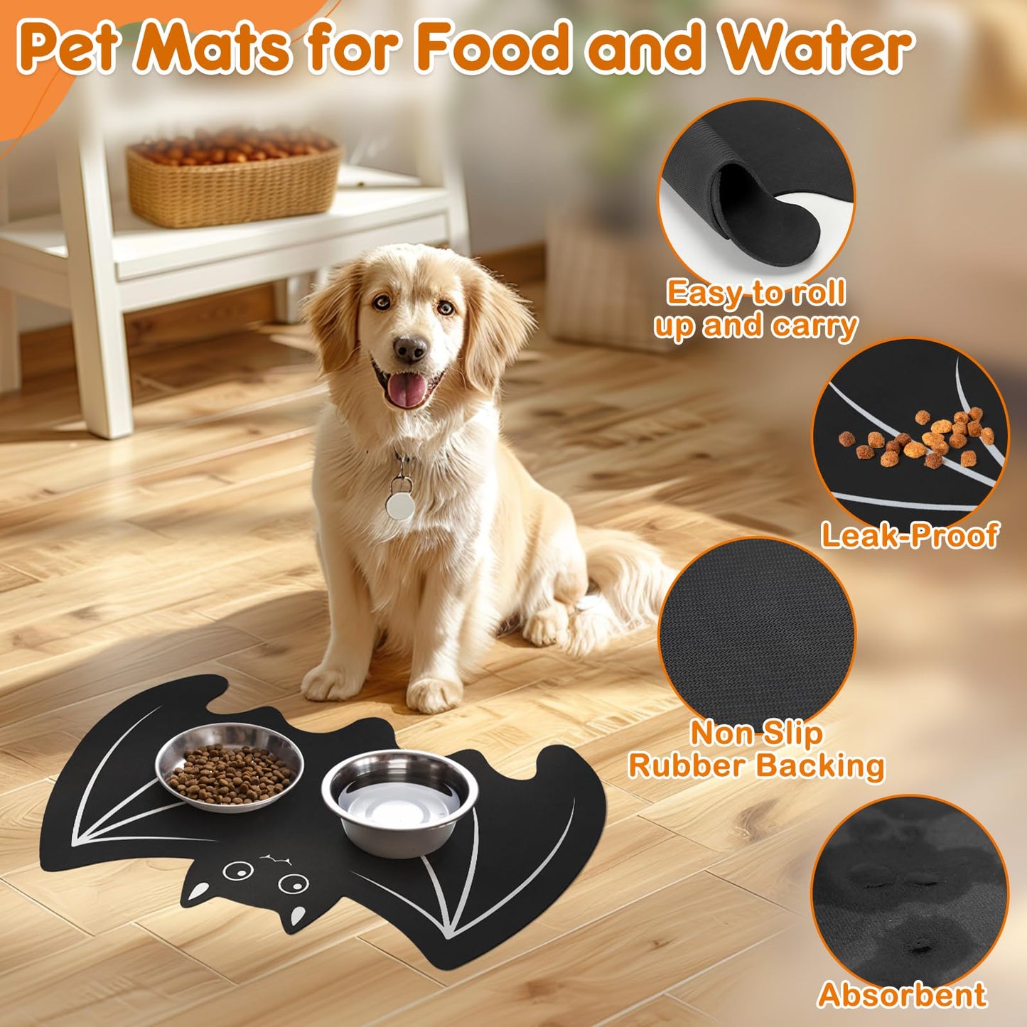 Pet Mats for Food and Water Dog Cat Food Mats Pet Feeding Mat Anti-Slip No Stains Quick Dry Floors Waterproof Placemat Pet Food Bowl Mat Halloween Decorations - 23.6" x 15.7" Bat