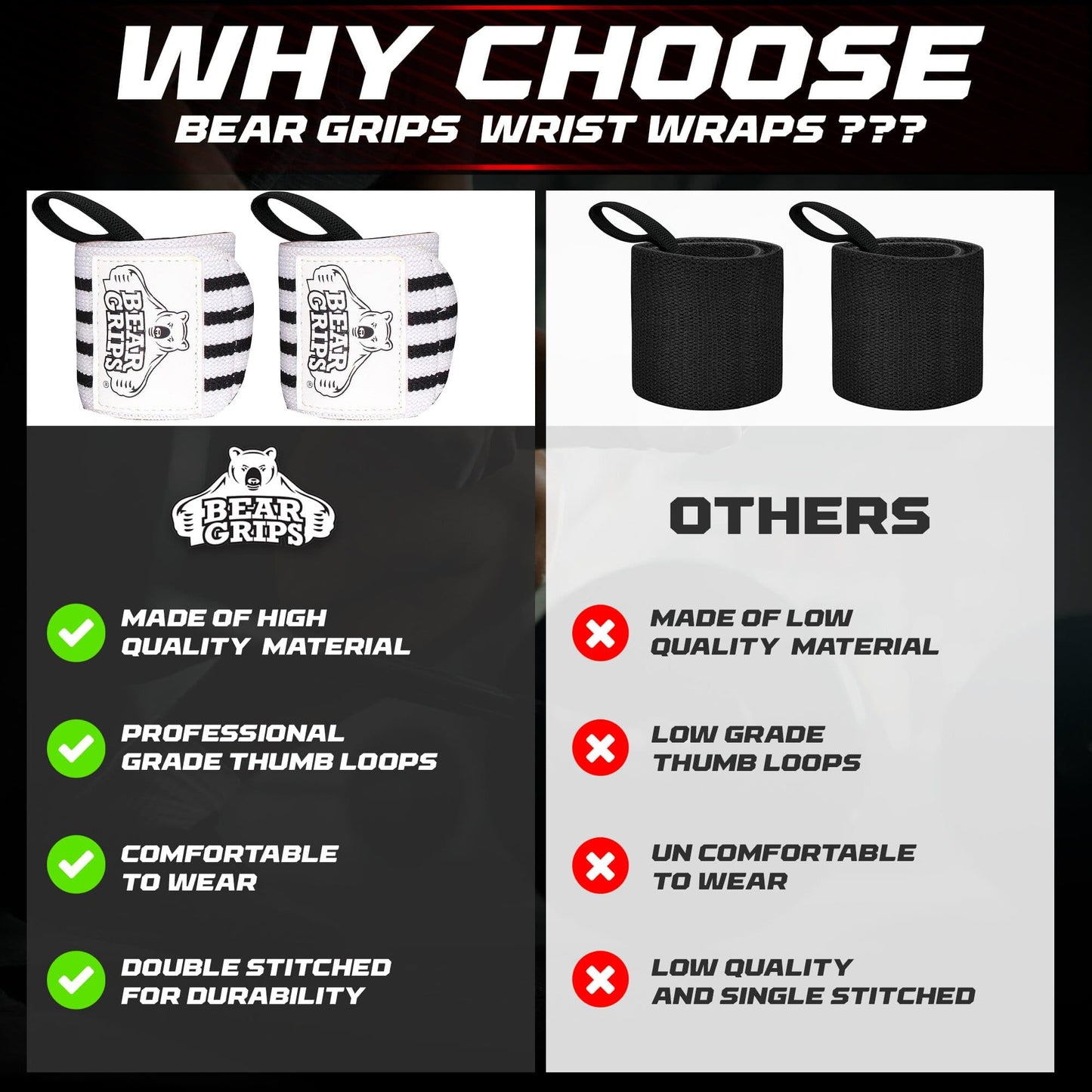 Bear Grips Wrist Wraps for Weightlifting | Weight Lifting Wrist Straps for Weightlifting | Extra Strength Gym Wrist Wraps | Two Wrist Wrap Per Pack | 12” & 18” | Lifting for Men & Women