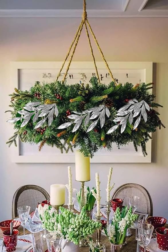 DILATATA 6Pcs Christmas Glitter Leaves Bay Leaves Spray 24" Artificial Silver Bay Leaf Picks Sprays Giltter Stems for Christmas Tree DIY Xmas Wreath Garland Home Decor - Silver