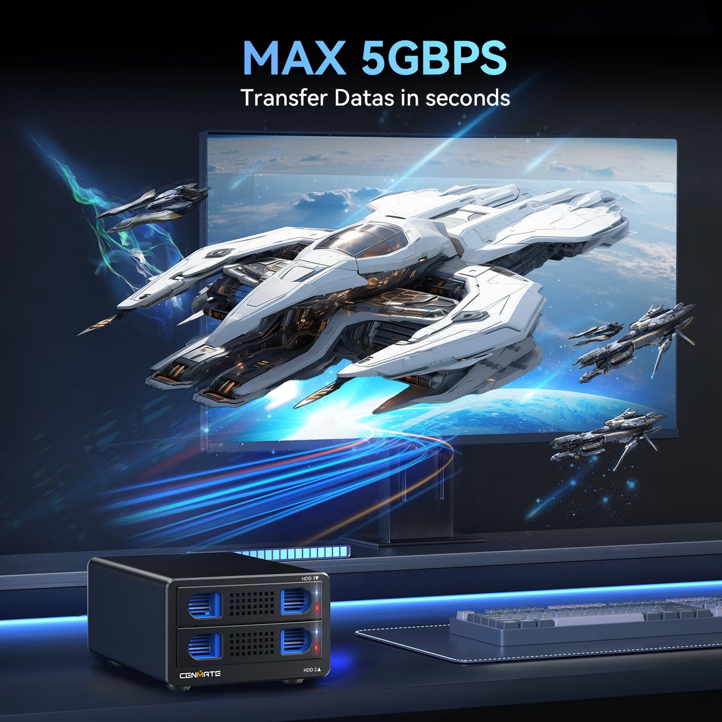 CENMATE Aluminum Dual Bay Hard Drive Enclosure with Cooling Fan for 2.5“/3.5" SATA HDD/SSD with USB A/C 3.0, Support Hot Swappable, Daisy Chain Expansion, Tool-Free HDD Enclosure, DAS(NO RAID/NAS)