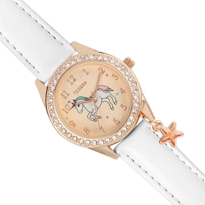 Tikkers Girls White PU Strap Unicorn Stone Set Watch Set ATK1063