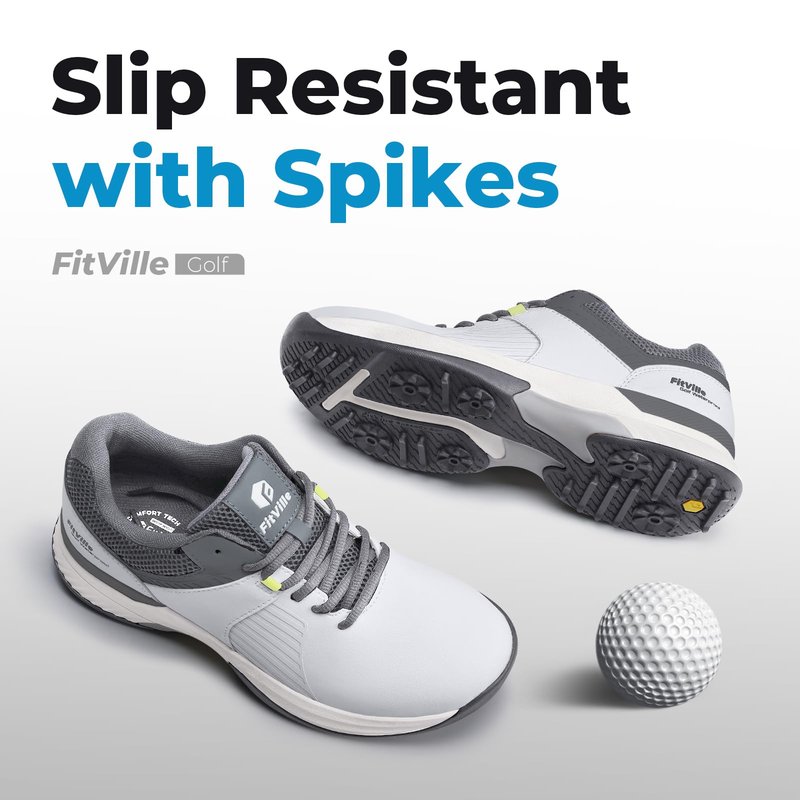 FitVille Wide Men's Golf Shoes Waterproof, Professional Outdoor Spiked Golf Shoes for Men with Arch Support(Misty Gray, 10 Wide)