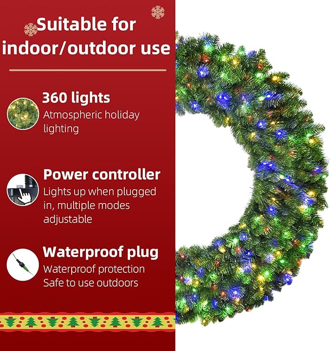 HOYECHI 72in Pre-Lit Christmas Wreath - with 360 Colorful LED Lights, 1160 PVC Tips, Timer, Remote & Hook, Large Outdoor Holiday Decor for Front Door, Wall, Garage, Power Plug-in