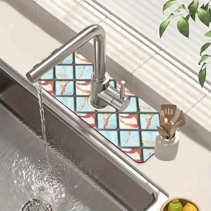 Rendering Marble Sink Splash Guard Faucet Mat Blue Wall Tiles Super Absorbent