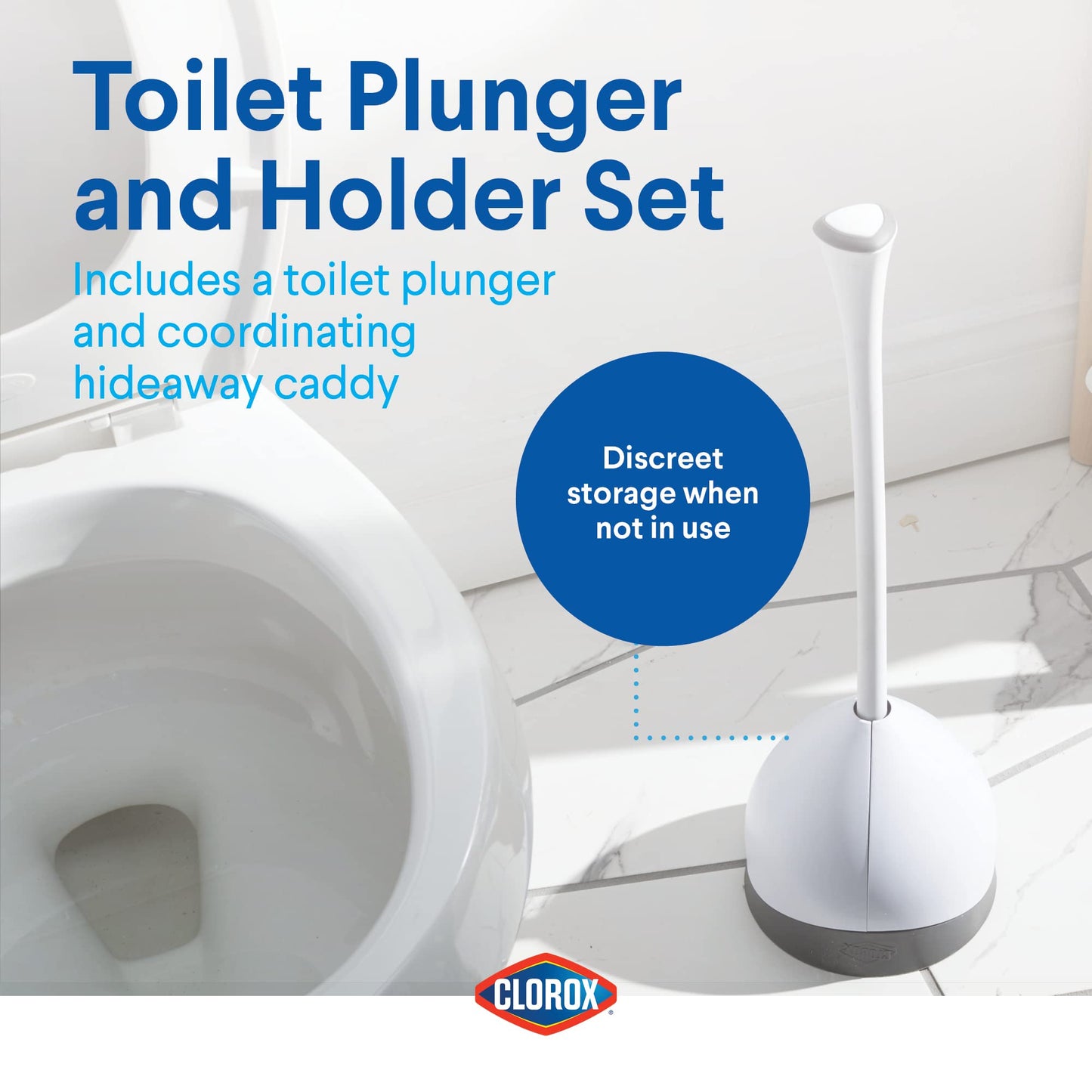 Clorox Toilet Plunger with Hideaway Holder Caddy Heavy-Duty Compact Design with Non-Skid Rubber Base for Bathroom Convenient Storage Toilet Unclogger, 6.5x19.5-Inch, White