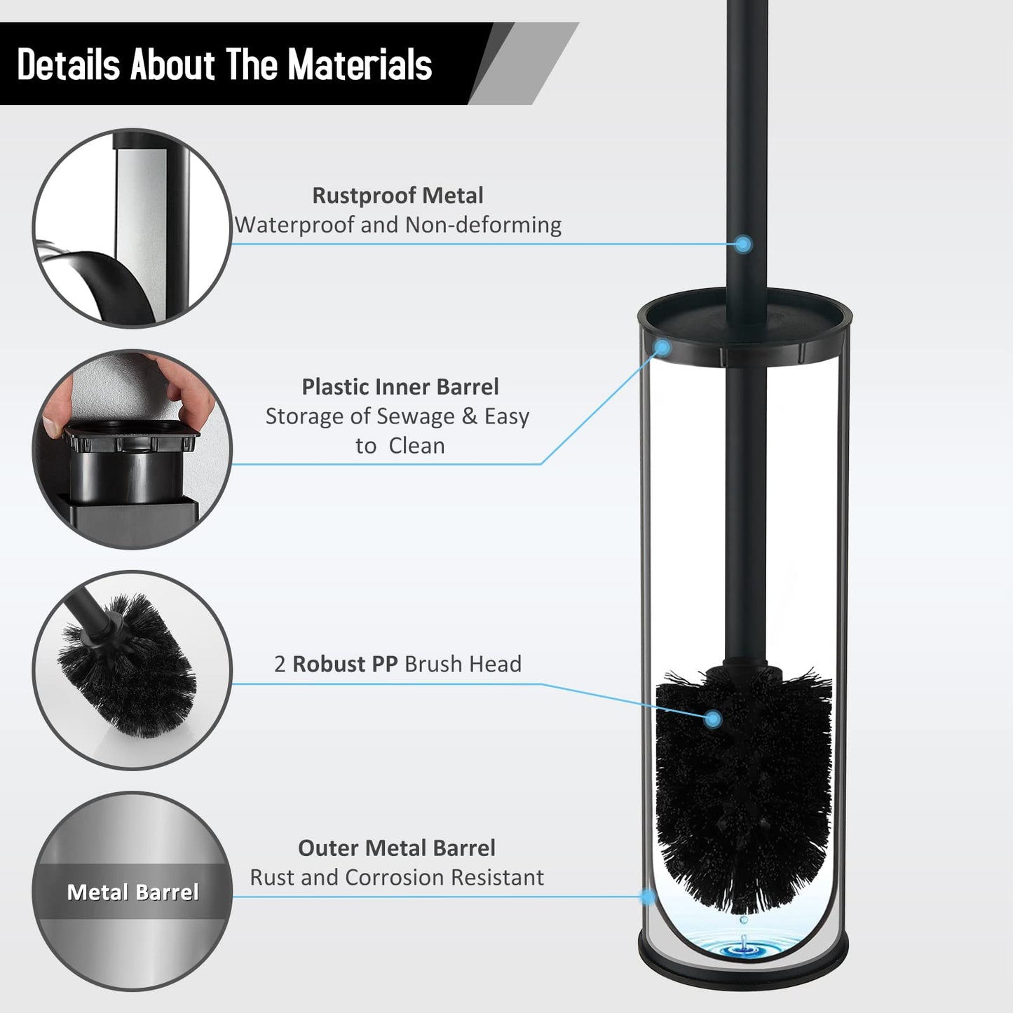 BGL Stainless Steel Toilet Brush with Holder, 2 Black Bristle Heads