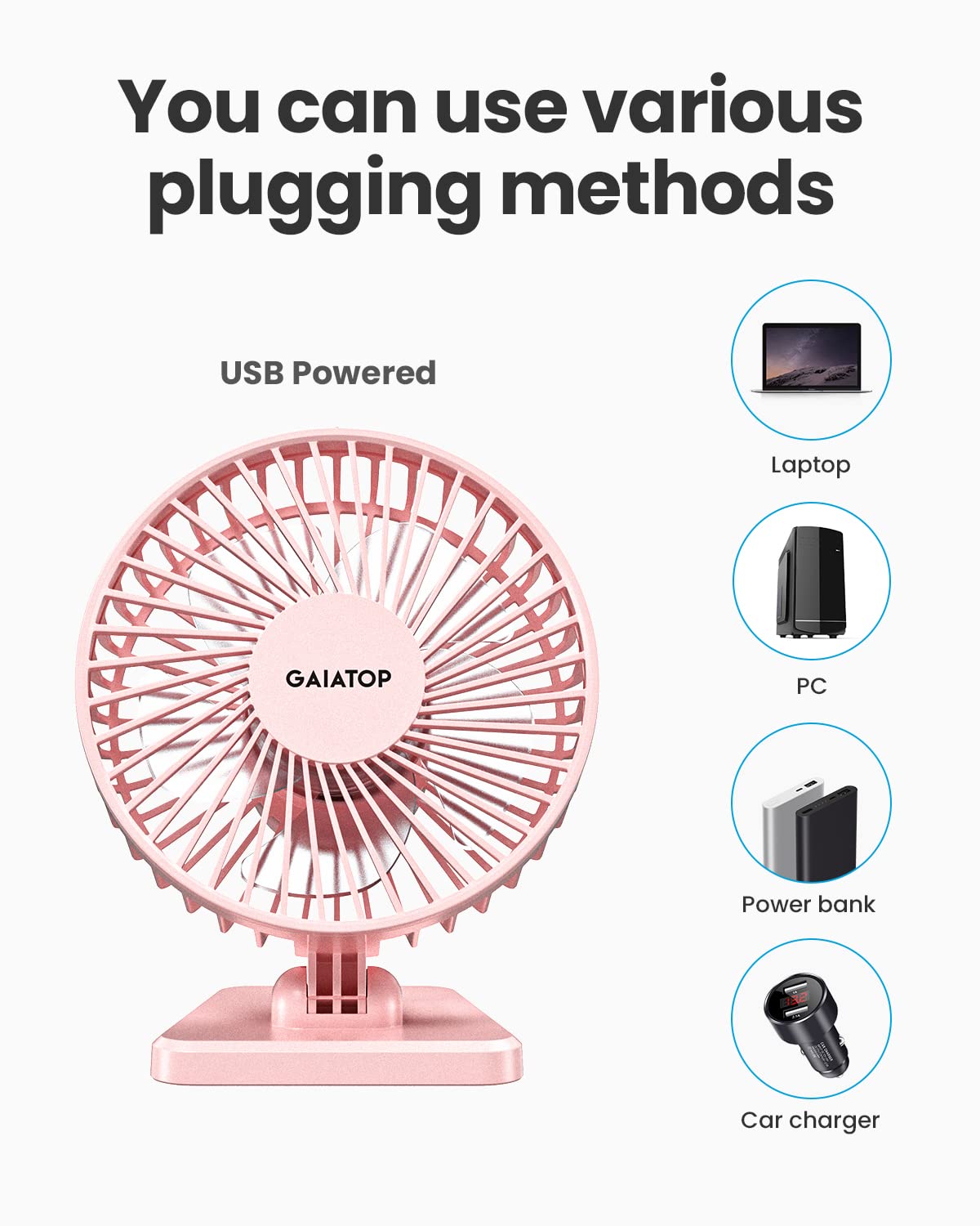 Gaiatop USB Desk Fan, Small But Powerful, Personal Portable Quiet 3 Speeds, Adjustable Mini Table Desktop fan for Cooling Home Office Car Summer Travel Gifts Pink