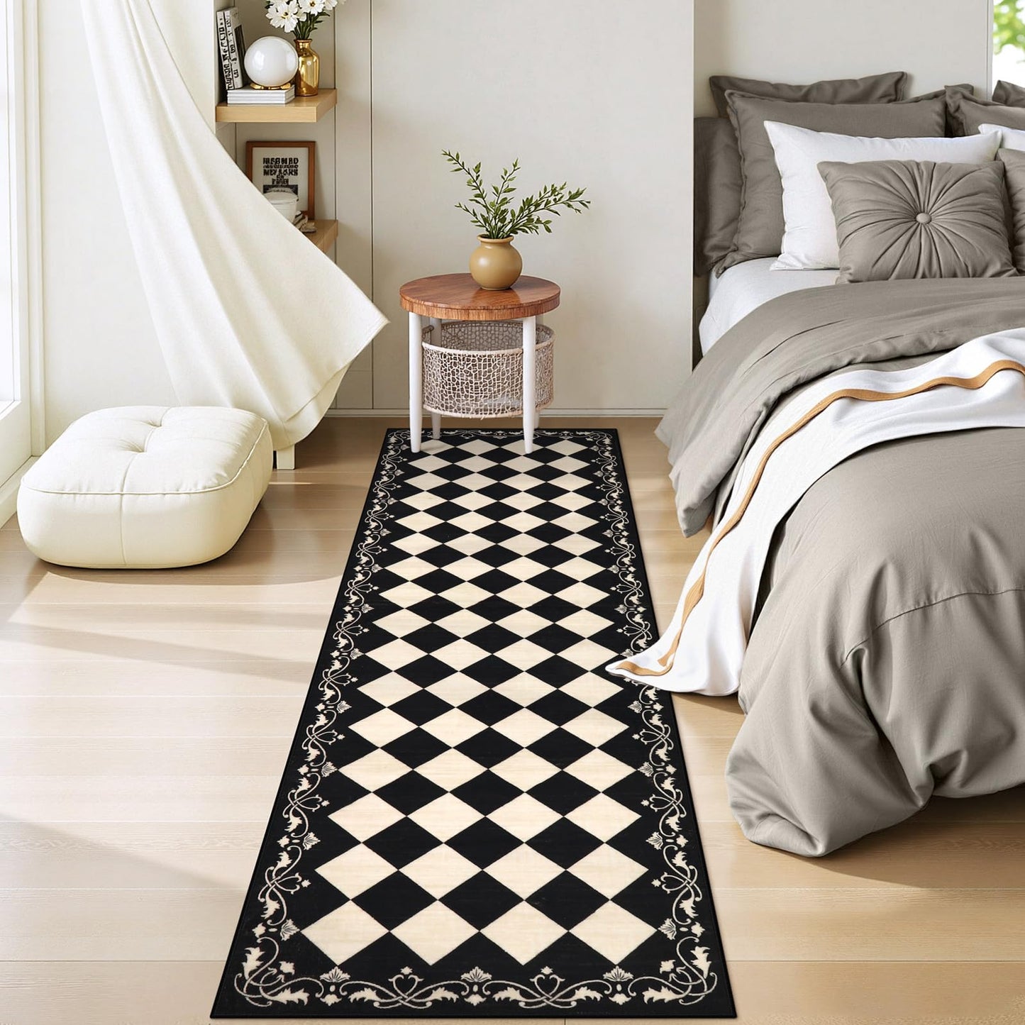 Beeiva Checkered Bathroom Runner Rug 2x6, Black and White Washable Runners for Hallways Non Slip, Moroccan Trellis 2x6 Rug for Besides Laundry Kitchen, Checkerboard Stain Resistant Bathroom Decor