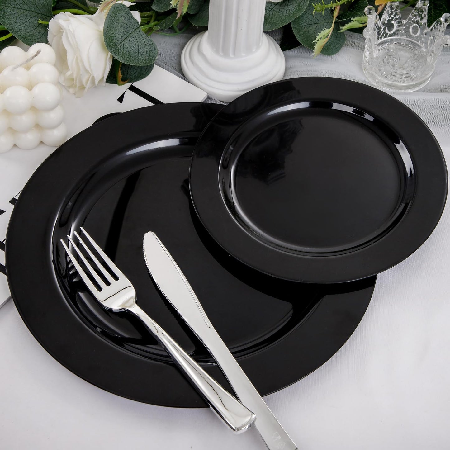 FLOWERCAT 100PCS Black Plastic Plates - Heavy Duty Black Disposable Plates for Halloween Party/Birthday/Wedding/Father's Day- serve 50guests 10 inch and 7 inch Set