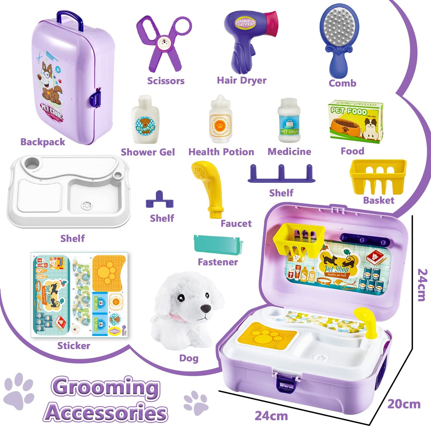HERSITY Kids Vet Kit Dog Grooming Toy Pet Care Role Play Games Animal Dolls Pretend Play Pet Carrier Set Toys 3 4 5 Year Old Girls Boys Children Gifts