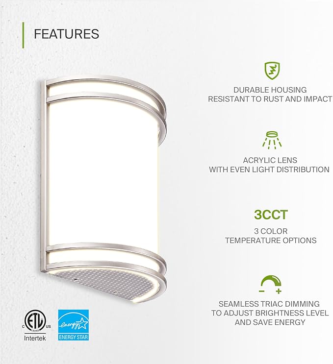 ASD LED Indoor Wall Mount Light Fixture - 10 Inch Modern Interior Brushed Nickel Wall Sconce Lighting - 3000K 4000K 5000K Adjustable - Half Cylinder Hallway Light Fixture - ETL & Energy Star 2 Pack