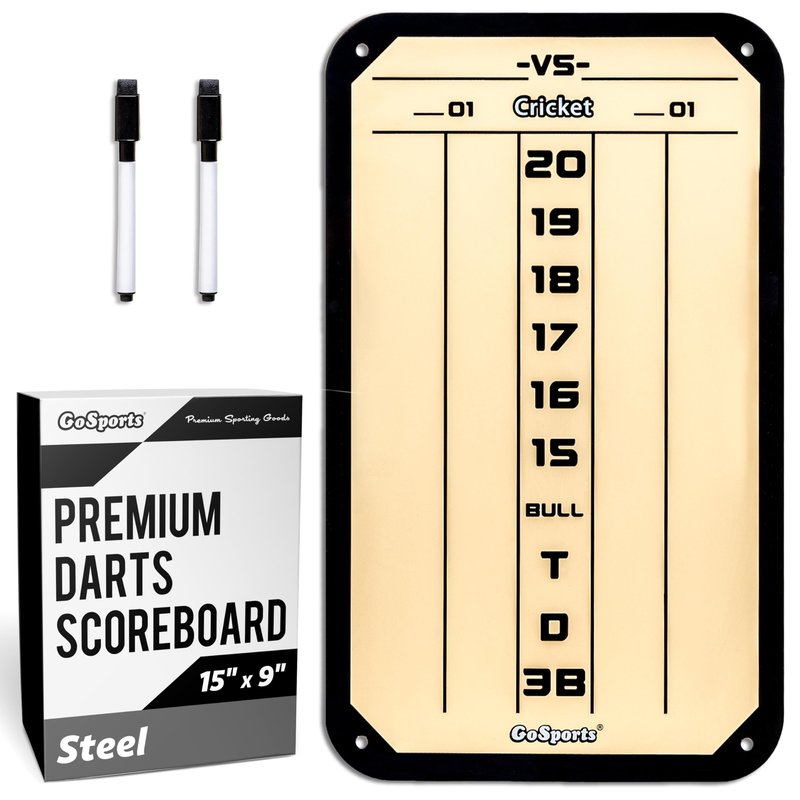 GoSports Dry Erase Steel Darts Scoreboard - Cricket and 01 Dart Games with 2 Magnetic Markers